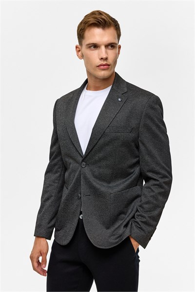 Siyah Slim Desenli Mono Yaka 6 Drop Ceket