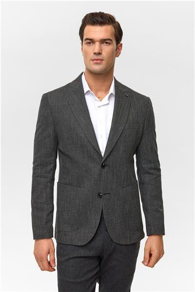 Siyah Slim Desenli Mono Yaka 6 Drop Ceket
