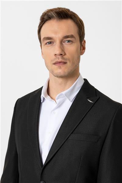 Siyah Slim Fit Desenli Sivri Yaka 6 Drop Spor Takım Elbise