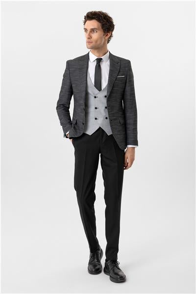 Siyah Slim Fit Desenli Sivri Yaka 6 Drop Yelekli Klasik Takım Elbise