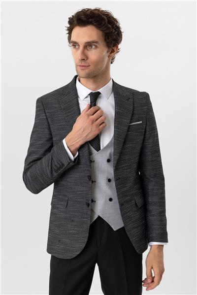 Siyah Slim Fit Desenli Sivri Yaka 6 Drop Yelekli Klasik Takım Elbise