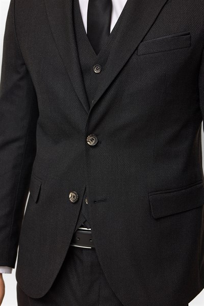 Siyah Slim Desenli Sivri Yaka 6 Drop Yelekli Takım Elbise