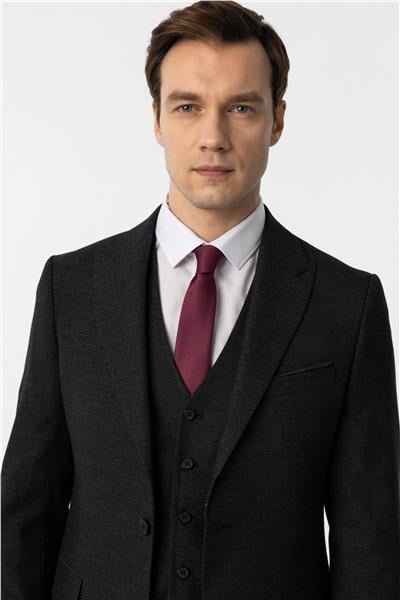 Siyah Slim Fit Desenli Sivri Yaka 6 Drop Yelekli Klasik Takım Elbise