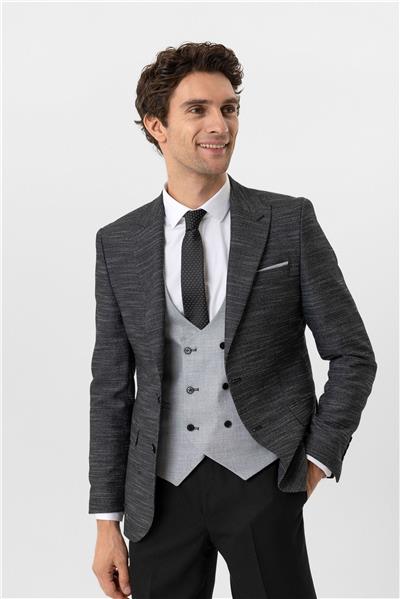 Siyah Slim Fit Desenli Sivri Yaka 6 Drop Yelekli Klasik Takım Elbise