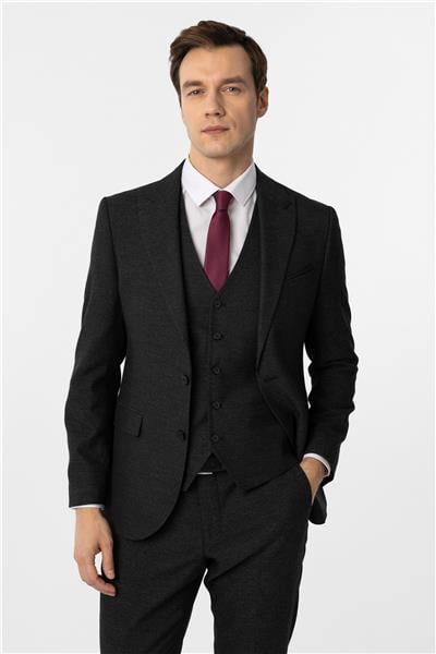 Siyah Slim Fit Desenli Sivri Yaka 6 Drop Yelekli Klasik Takım Elbise