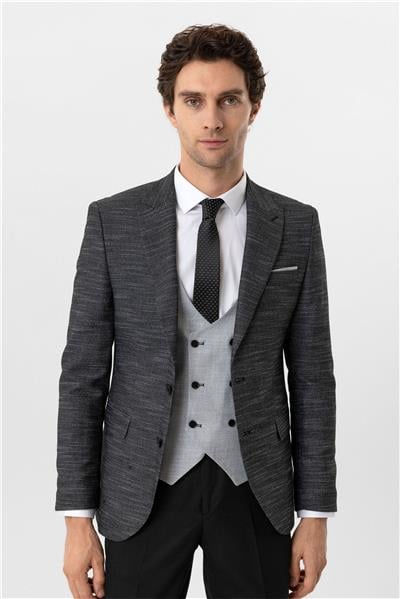 Siyah Slim Fit Desenli Sivri Yaka 6 Drop Yelekli Klasik Takım Elbise