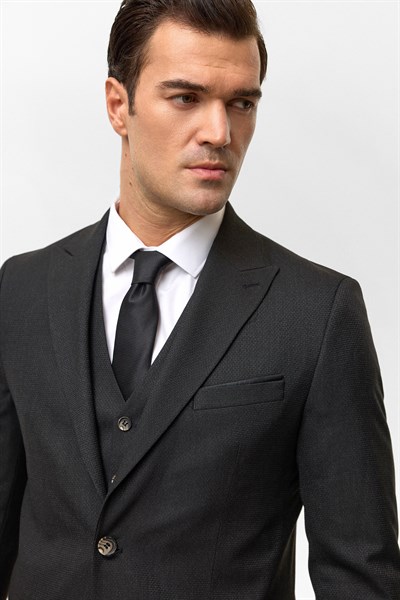 Siyah Slim Desenli Sivri Yaka 6 Drop Yelekli Takım Elbise