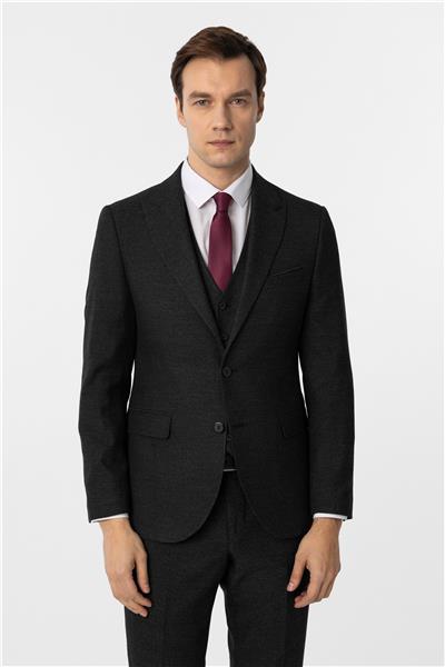 Siyah Slim Fit Desenli Sivri Yaka 6 Drop Yelekli Klasik Takım Elbise