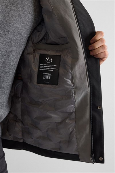 Siyah Slim Dik Yaka Düz Yan Cepli Fermuar + Çıtçıt Kapitone Standart Mont