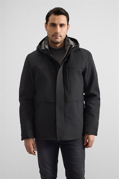 Siyah Slim Dik Yaka Düz Yan Cepli Fermuar + Çıtçıt Kapitone Standart Mont