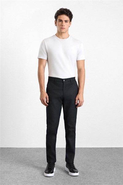 Siyah Slim Düz Armürlü Normal Bel Casual Pantolon
