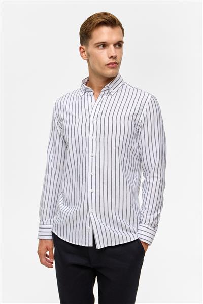 Siyah Slim Çizgili Düğmeli Yaka Gömlek