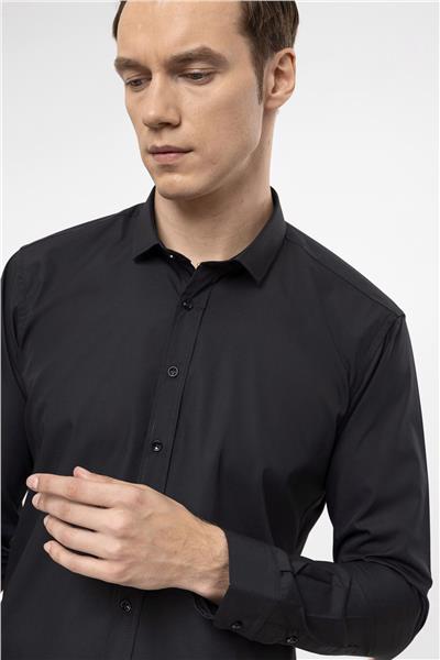Siyah Slim Fit Düz Klasik Yaka Gömlek