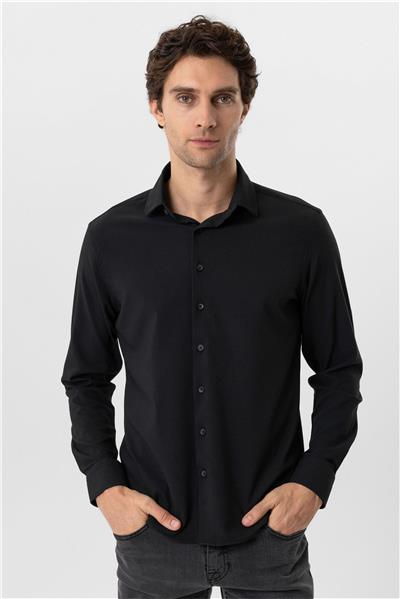 Siyah Slim Fit Düz Klasik Yaka Gömlek