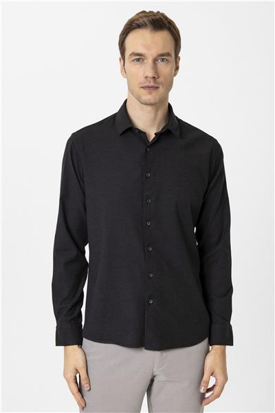 Siyah Slim Fit Düz Klasik Yaka Gömlek