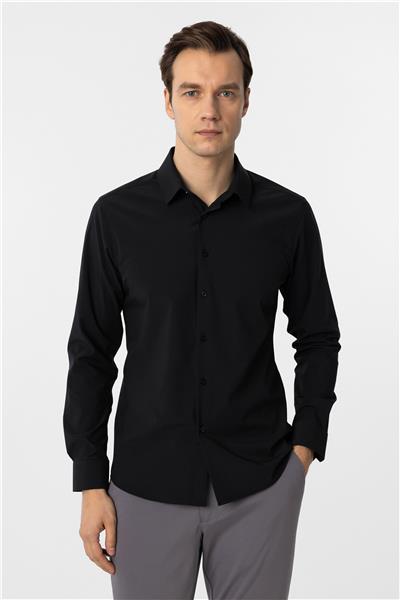Siyah Slim Fit Düz Klasik Yaka Gömlek