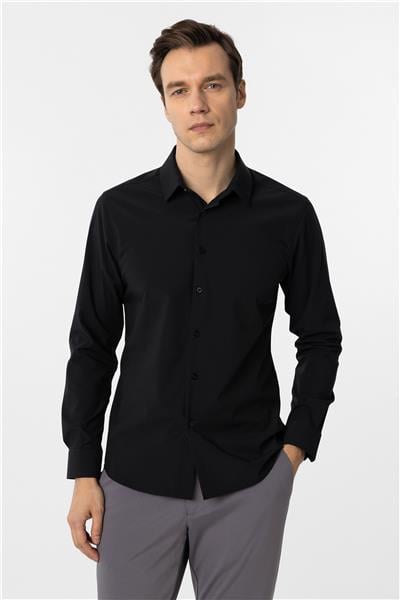 Siyah Slim Fit Düz Klasik Yaka Gömlek