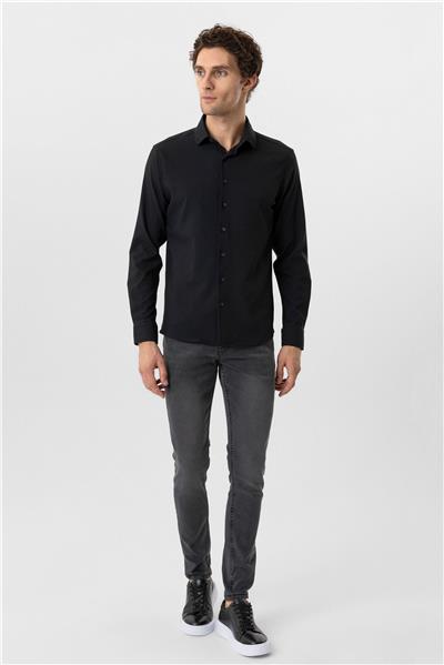 Siyah Slim Fit Düz Klasik Yaka Gömlek