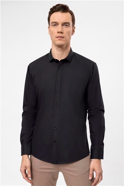 Siyah Slim Fit Düz Klasik Yaka Gömlek