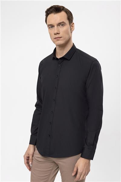 Siyah Slim Fit Düz Klasik Yaka Gömlek