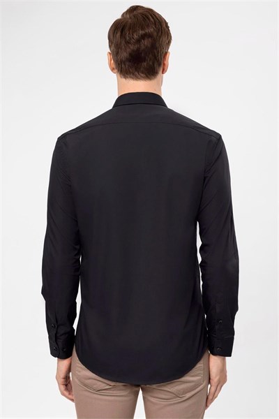 Siyah Slim Düz Klasik Yaka Gömlek