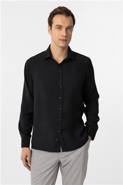 Siyah Slim Fit Düz Klasik Yaka Gömlek
