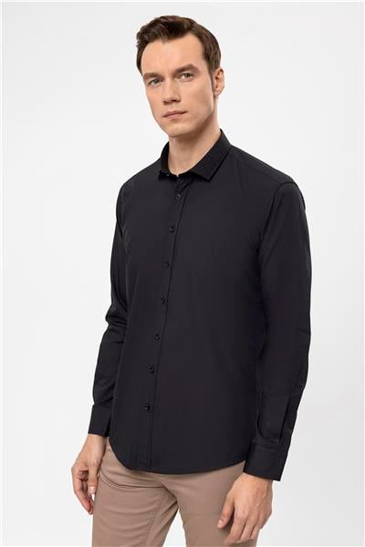 Siyah Slim Fit Düz Klasik Yaka Gömlek