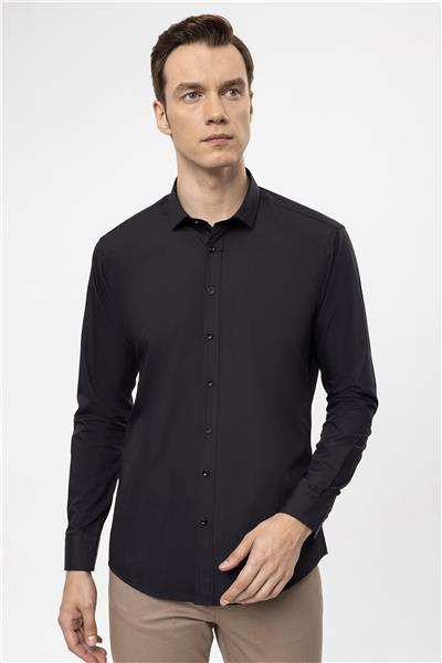 Siyah Slim Fit Düz Klasik Yaka Gömlek