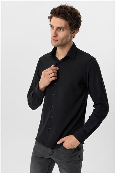 Siyah Slim Fit Düz Klasik Yaka Gömlek