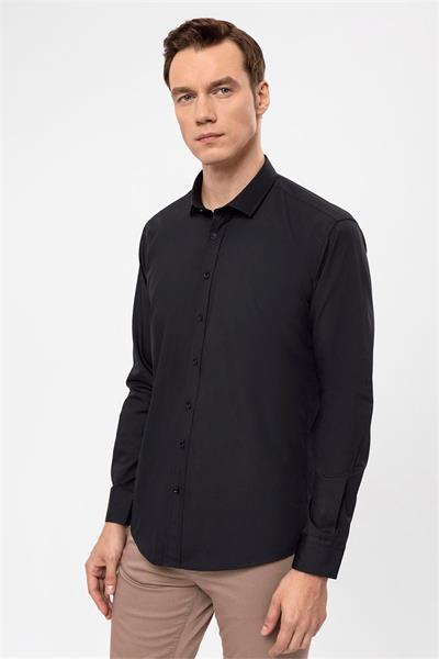 Siyah Slim Düz Klasik Yaka Gömlek