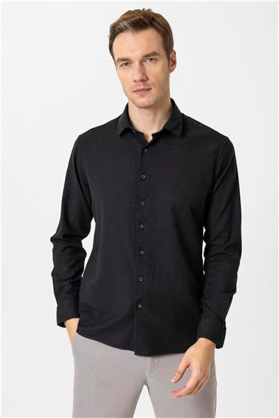 Siyah Slim Fit Düz Klasik Yaka Gömlek