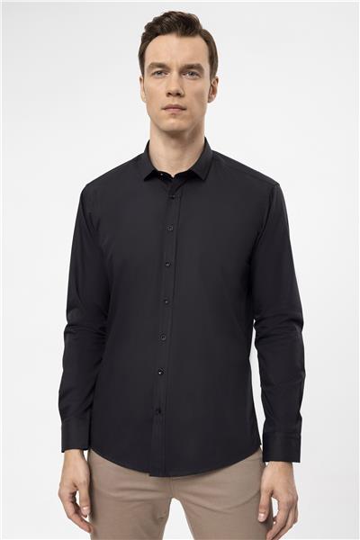 Siyah Slim Fit Düz Klasik Yaka Gömlek