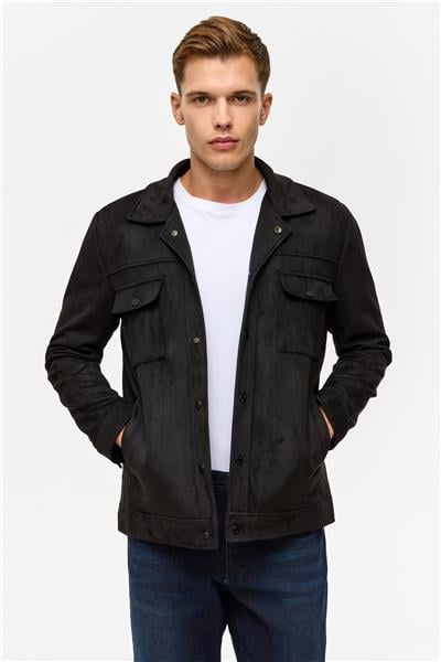 Siyah Slim Düz Klasik Yaka Mont