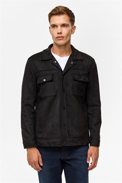 Siyah Slim Düz Klasik Yaka Mont