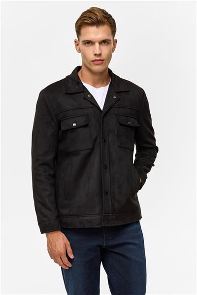 Siyah Slim Düz Klasik Yaka Mont