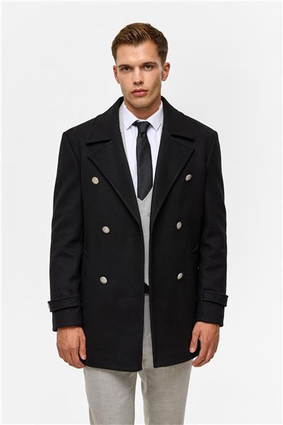 Siyah Slim Düz Kruvaze Yaka Kaban