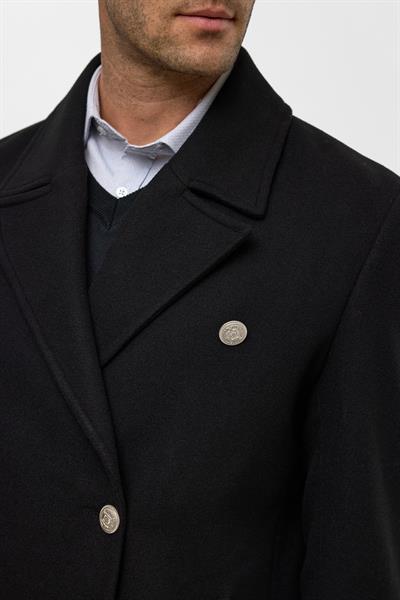 Siyah Slim Düz Kruvaze Yaka Kaban