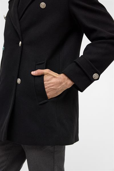 Siyah Slim Düz Kruvaze Yaka Kaban