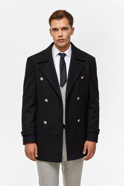 Siyah Slim Düz Kruvaze Yaka Kaban