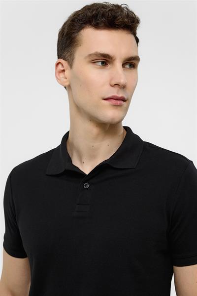 Siyah Slim Düz Polo Yaka Tişört