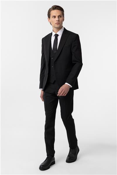 Siyah Slim Fit Düz Sivri Yaka 6 Drop Yelekli Klasik Takım Elbise