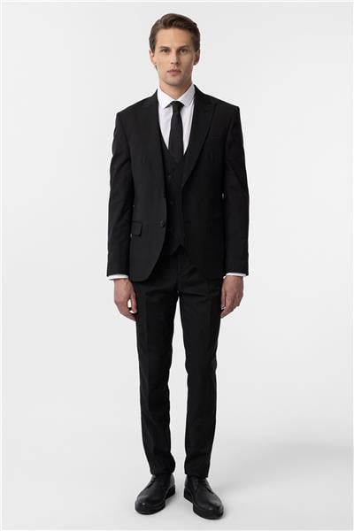Siyah Slim Fit Düz Sivri Yaka 6 Drop Yelekli Klasik Takım Elbise