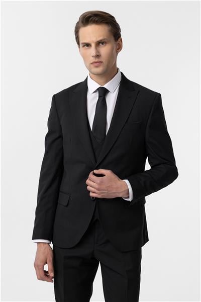 Siyah Slim Fit Düz Sivri Yaka 6 Drop Yelekli Klasik Takım Elbise