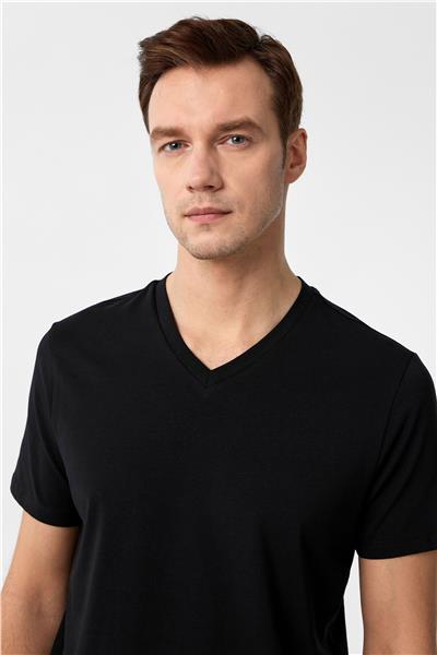 Siyah Slim Fit Düz V Yaka Tişört