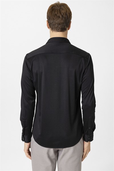 Siyah Slim Fit Armürlü Düğmeli Yaka Gömlek
