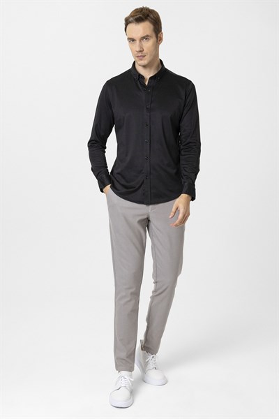 Siyah Slim Fit Armürlü Düğmeli Yaka Gömlek