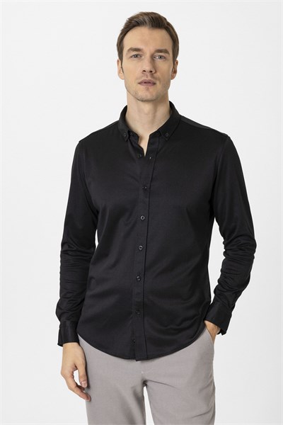 Siyah Slim Fit Armürlü Düğmeli Yaka Gömlek