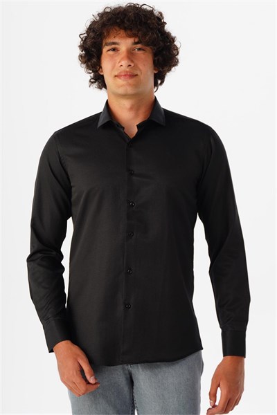 Siyah Slim Fit Armürlü Klasik Yaka Gömlek