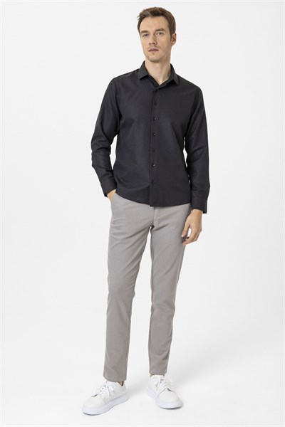 Siyah Slim Fit Armürlü Klasik Yaka Gömlek
