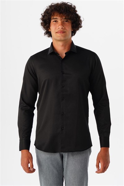 Siyah Slim Fit Armürlü Klasik Yaka Gömlek